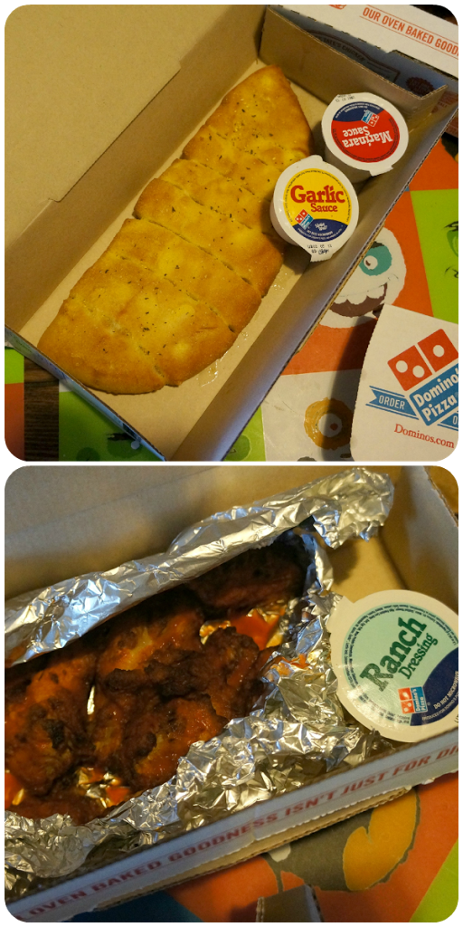 Garlic bread and spicy chicken wings from Dominos - livingmividaloca.com - #livingmividaloca #dominos #pizza