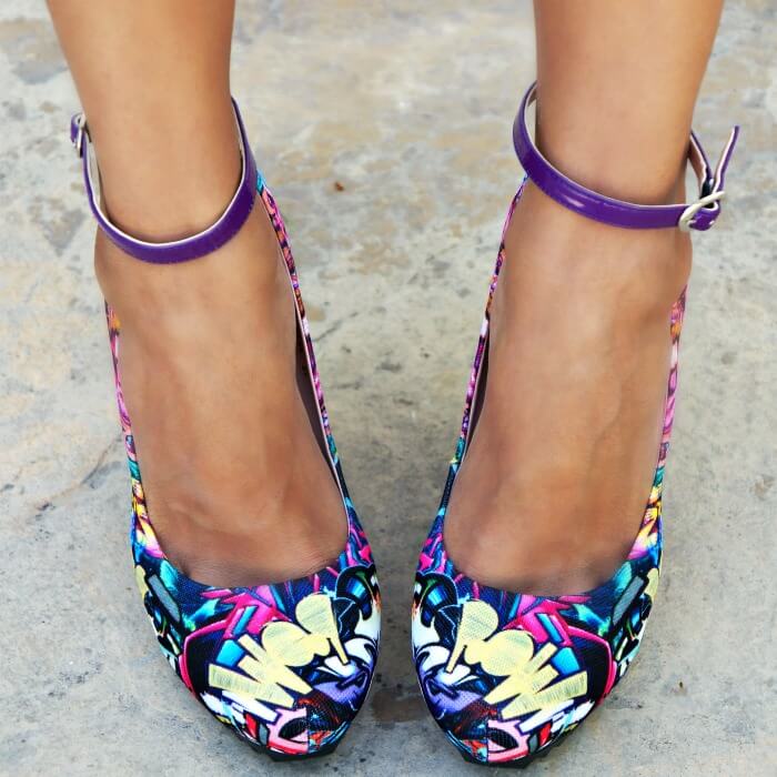 Multi colored wedges with purple ankle strap