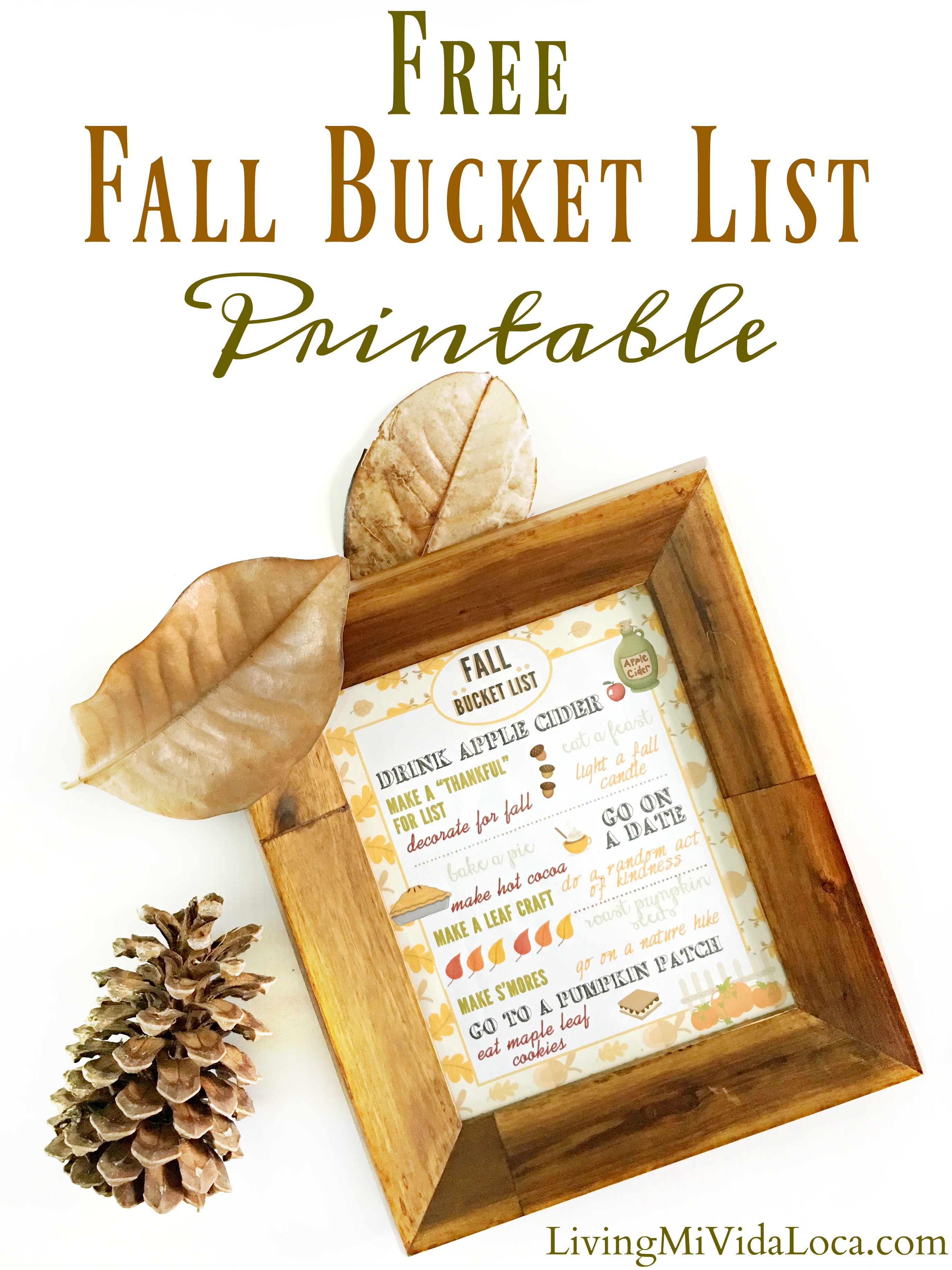 Fall activities list for families to do together. Celebrate Fall with this FREE Fall Bucket List printable! This fall printable looks great printed on cardstock, or even just plain white paper. We printed ours and put it in an 8×10 frame (we did have to trim it a bit since it was printed on 8.5×11 paper). It’s our first fall decoration of the year!  livingmividaloca.com  #fall #falldecorations #fallprintable #thingstodoinfall #falldecor #decoratingforfall #diyfalldecor #easyfalldecor