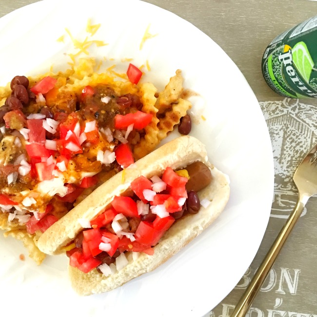 Vegetarian chili cheese dogs and vegetarian chili cheese fries