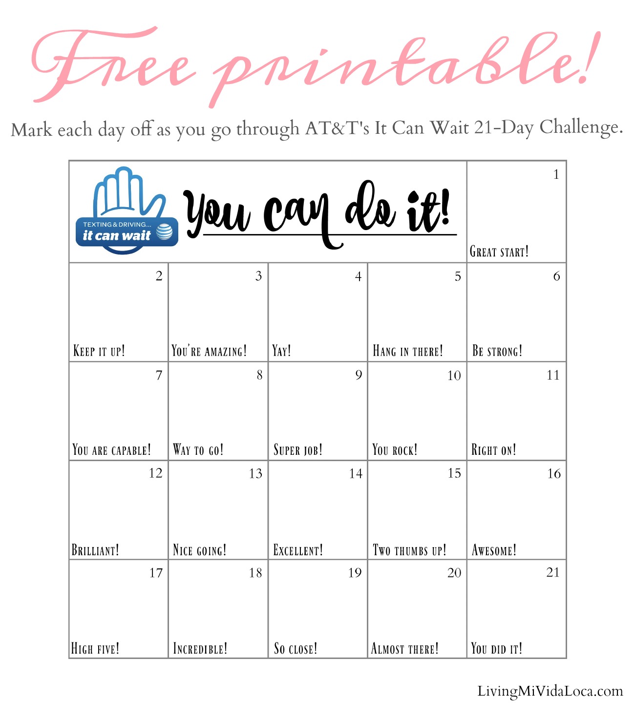 Free printable for AT&T It Can Wait Challenge