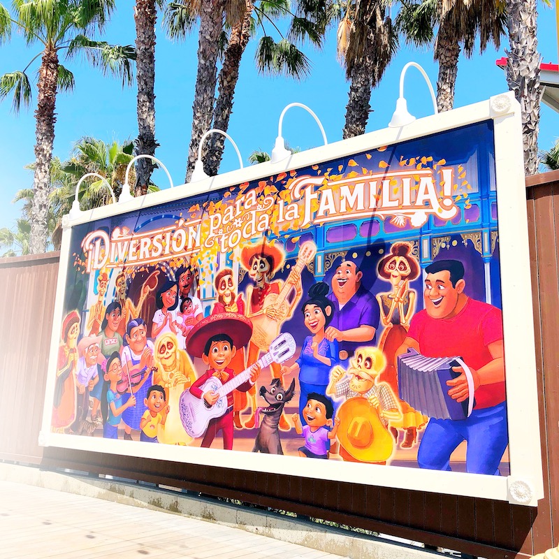 Coco billboard at Pixar Pier - livingmividaloca.com - #pixarpier #disneyland #disneycaliforniaadventure