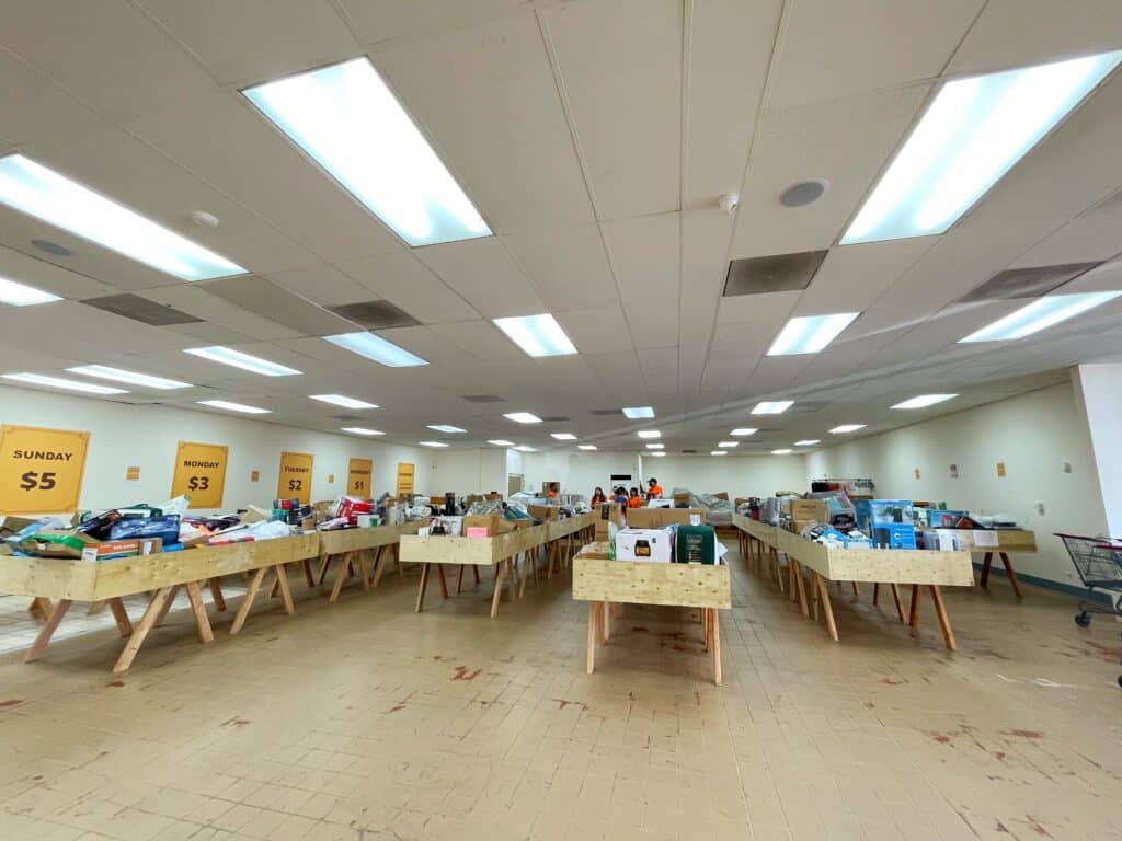 store layout with wooden bins and merchandise inside