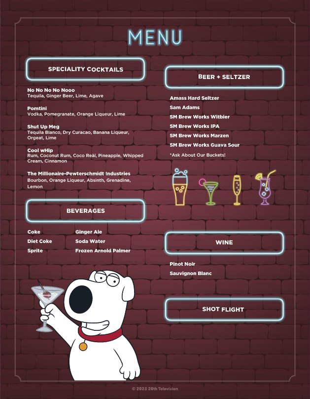 Family Guy Experience drink menu
